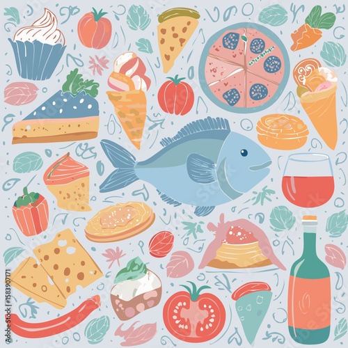 Detailed illustration of Italian cuisine with fish, cheese, pasta, pizza, wine, and delicacies. Ideal for menus, packaging, or culinary advertising