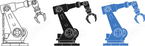 Industrial robotic arm in line art black and blue styles