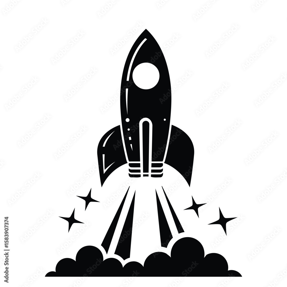 Fototapeta premium Vintage space rocket launch silhouette with stars and smoke trail