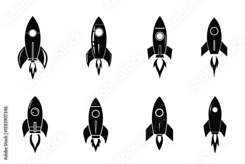 Vintage space rocket launch silhouette with stars and smoke trail