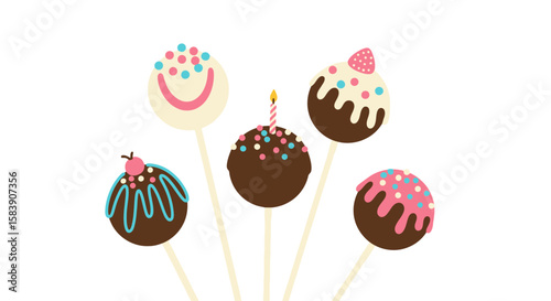 Set of Colorful Cake Pops with Sprinkles and Frosting. Sweet Dessert Illustration for Birthdays and Celebrations.