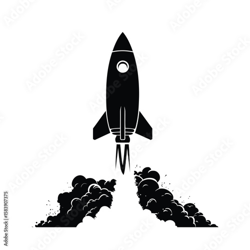 Vintage space rocket launch silhouette with stars and smoke trail