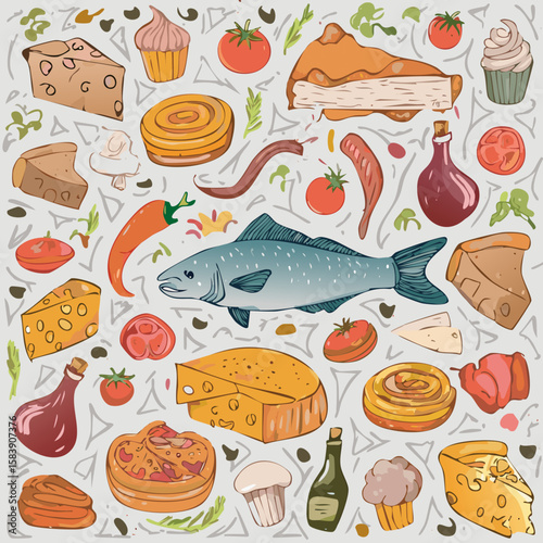 Detailed illustration of Italian cuisine with fish, cheese, pasta, pizza, wine, and delicacies. Ideal for menus, packaging, or culinary advertising