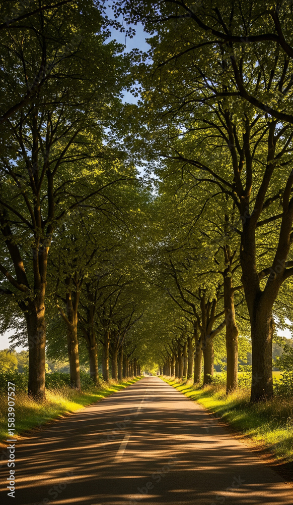 Country road stretching under tropical trees in morning light Country road stretching under tropical trees in morning light