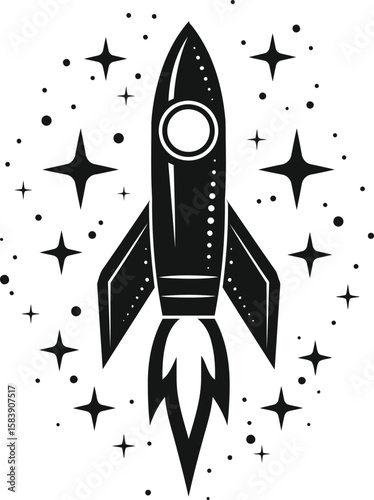 Silhouette rocket launch with stars and smoke vector on white background