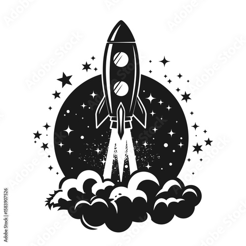 Silhouette rocket launch with stars and smoke vector on white background