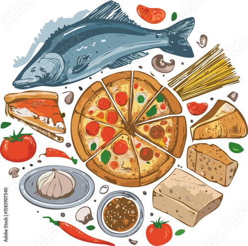Detailed illustration of Italian cuisine with fish, cheese, pasta, pizza, wine, and delicacies. Ideal for menus, packaging, or culinary advertising