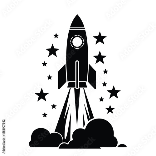 Silhouette rocket launch with stars and smoke vector on white background