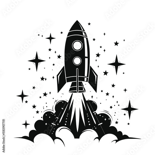 Retro rocket launch silhouette vector with black stars and Smoke on white background