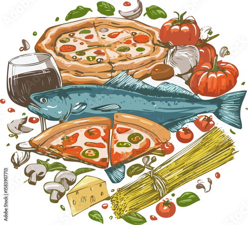 Detailed illustration of Italian cuisine with fish, cheese, pasta, pizza, wine, and delicacies. Ideal for menus, packaging, or culinary advertising