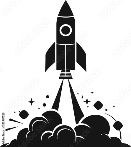 Retro rocket launch silhouette vector with black stars and Smoke on white background