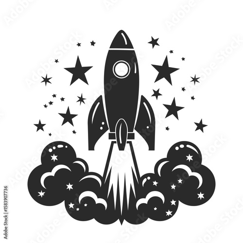 Retro rocket launch silhouette vector with black stars and Smoke on white background