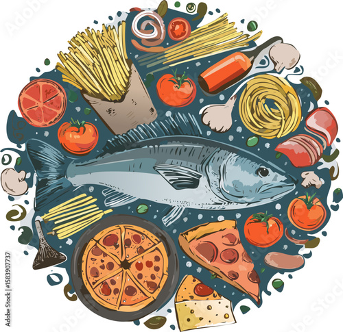 Detailed illustration of Italian cuisine with fish, cheese, pasta, pizza, wine, and delicacies. Ideal for menus, packaging, or culinary advertising