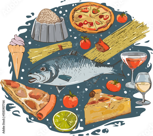 Detailed illustration of Italian cuisine with fish, cheese, pasta, pizza, wine, and delicacies. Ideal for menus, packaging, or culinary advertising