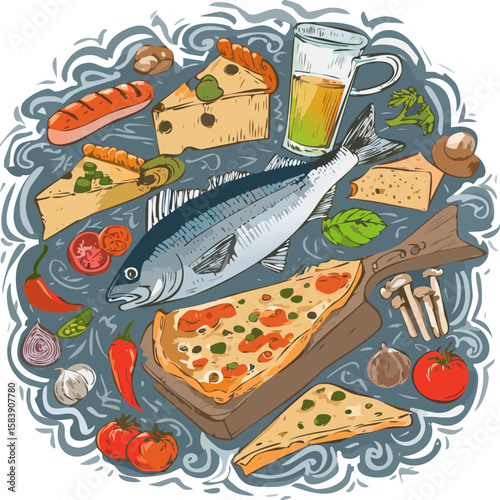 Detailed illustration of Italian cuisine with fish, cheese, pasta, pizza, wine, and delicacies. Ideal for menus, packaging, or culinary advertising