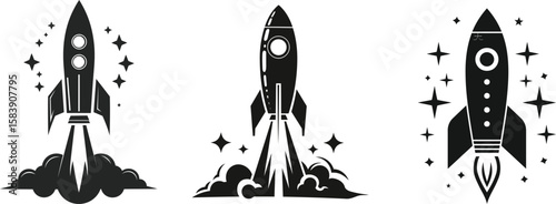 Retro rocket launch silhouette vector with black stars and Smoke on white background