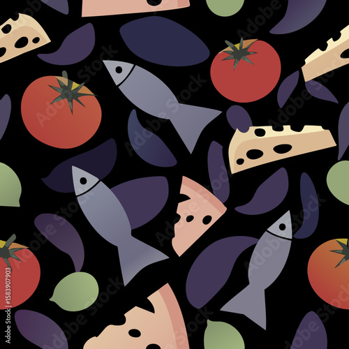 Detailed illustration of Italian cuisine with fish, cheese, pasta, pizza, wine, and delicacies. Ideal for menus, packaging, or culinary advertising