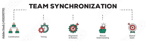 Team Synchronization infographic icon flow process which consists of Coordination, Timing, Alignment of Actions, Mutual Understanding, Shared Goals.