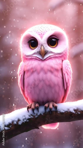 Whimsical Pink Owl: A Dreamy Illustration in a Winter Wonderland on a branch