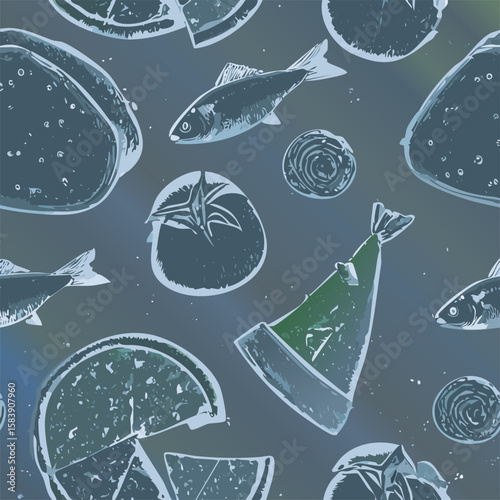 Detailed illustration of Italian cuisine with fish, cheese, pasta, pizza, wine, and delicacies. Ideal for menus, packaging, or culinary advertising