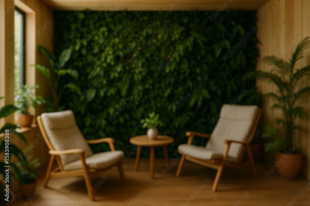 Fototapeta premium Blurred modern lounge area with comfortable chairs and green wall. Serene interior design offers relaxation.