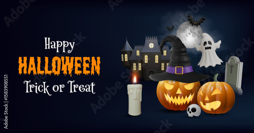 halloween background with pumpkins, ghost and haunted house