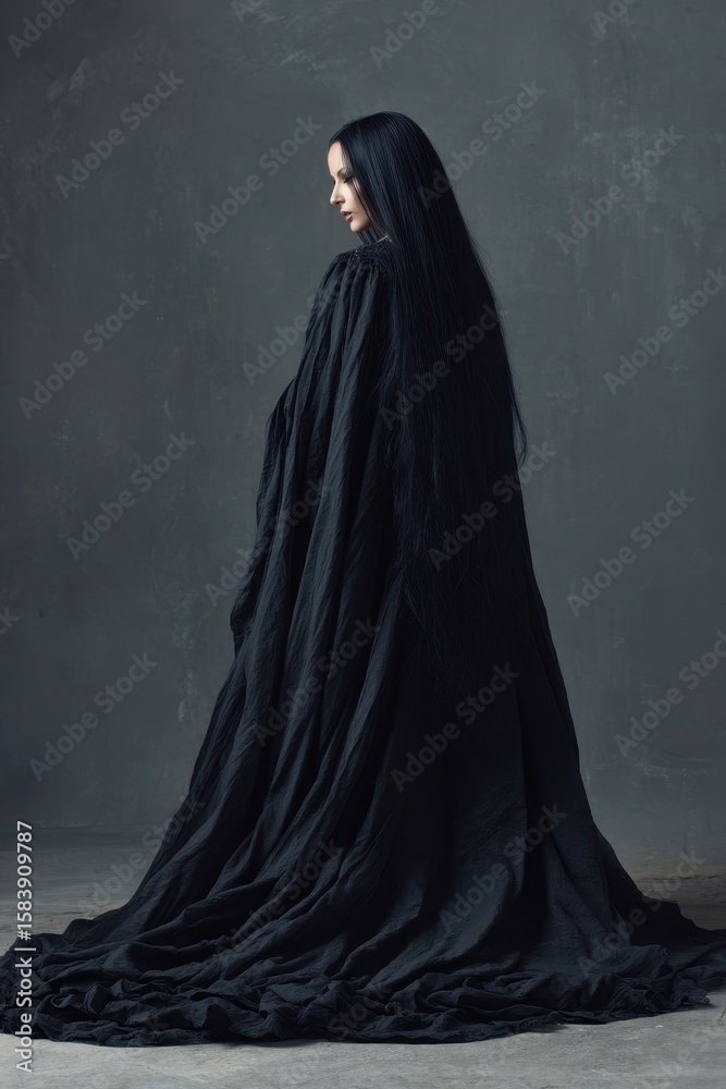 Enchanting Sorceress: Elegant Woman in Flowing Black Cape and Dark Gown, Poised Against Studio Backdrop Enchanting Sorceress: Elegant Woman in Flowing Black Cape and Dark Gown, Poised Against Studio Backdrop
