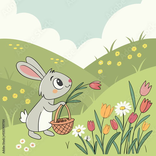 Bunny picking spring flowers