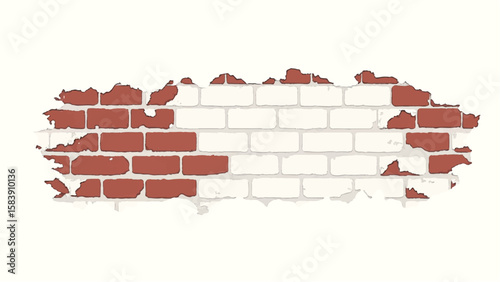 Weathered brick wall. Damaged brick wall texture. Brick wall with peeling paint. Vector illustration.
