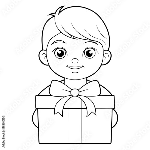Boy holding gift box with ribbon and smiling in black and white  