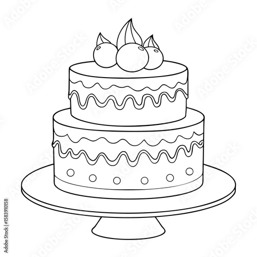 Layered cake with decorative icing and fruits on a stand  