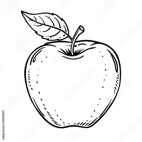 Hand-drawn apple with leaf in black and white outline style  