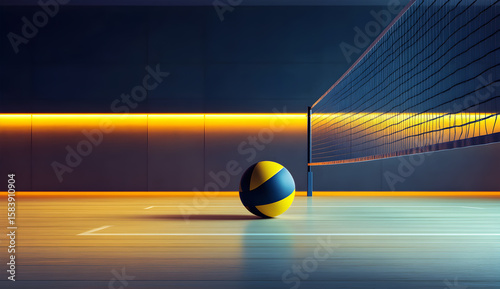 A volleyball net is in the background with a yellow and blue ball on the ground