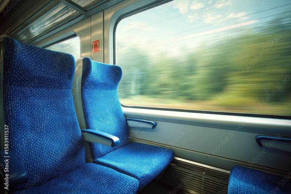 Fototapeta premium Serene Cabin Experience: Blue Train Seats with Vista Views, Perfect for Summer Sightseeing