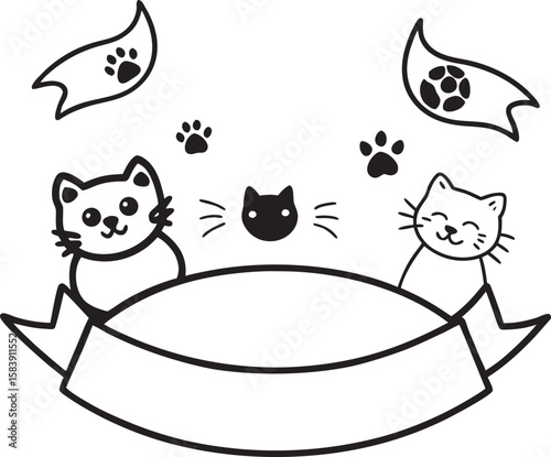 Cute cartoon cats with paw prints and banners silhouette isolated on a white background