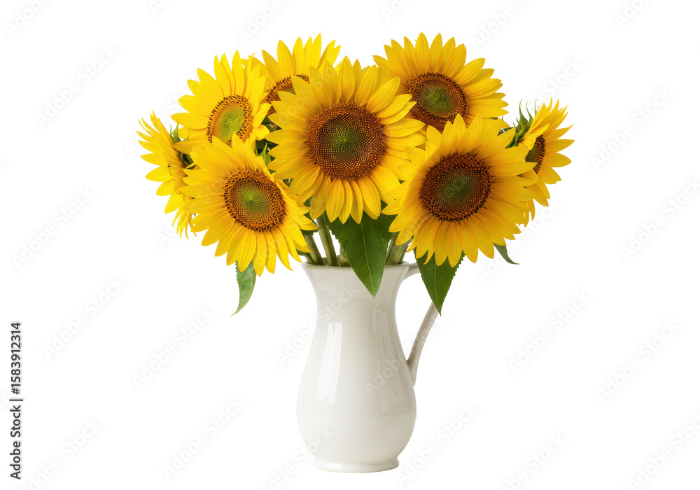Obraz premium Isolated Bouquet of Bright Sunflowers in White Ceramic Pitcher