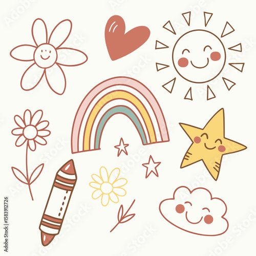 Hand drawn crayon child pencil style icon set. Cute rainbow, heart, crown, flower and sun in colorful kid doodle style. Chalk texture, cloud, smile, star and sketch figure for play or school design