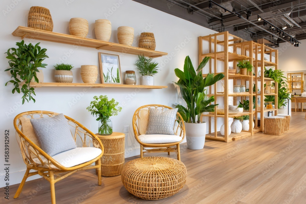 Fototapeta premium Modern living room decor featuring rattan furniture and lush greenery creating relaxing atmosphere