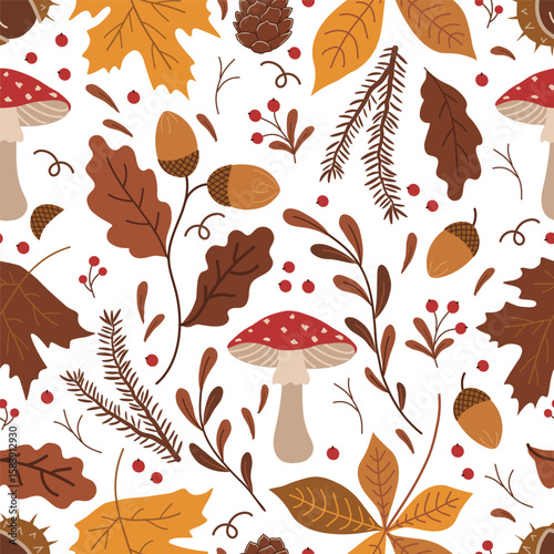 Autumn Seamless Pattern. Fall Background. Autumn Leaves, Fly agaric Mushrooms, Berries, Acorns, Chestnut. Maple, Oak, Chestnut Leaves. Vector Illustration in Yellow, Brown, Orange on White