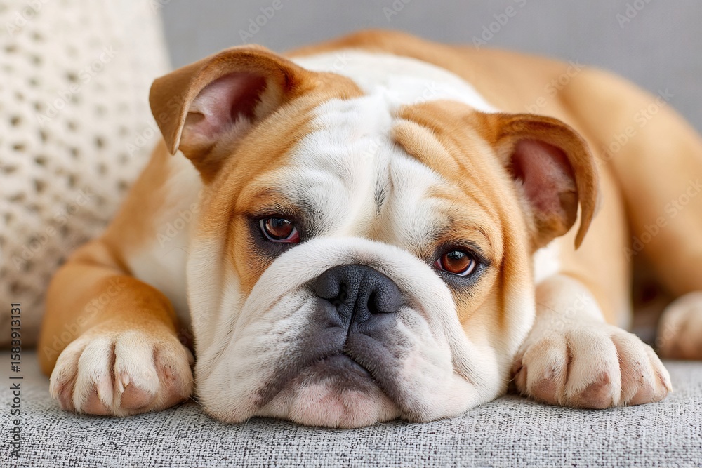 Fototapeta premium Portrait of an english bulldog relaxing on sofa