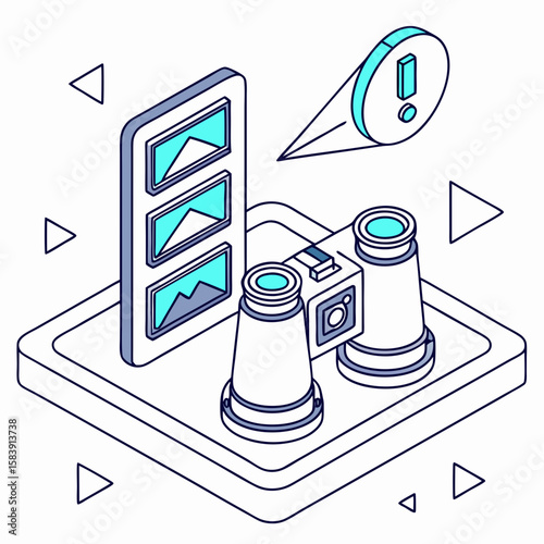 An isometric illustration of a camera, binoculars, and smartphone, representing online content creation and visual media discovery