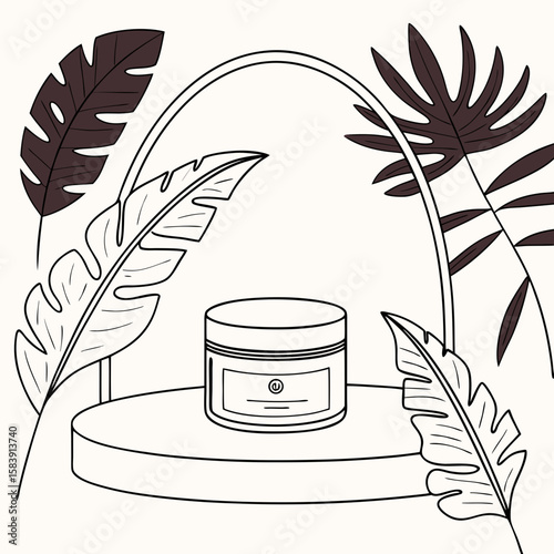 A jar of cream is displayed on a table surrounded by tropical foliage, creating a natural and elegant skincare illustration