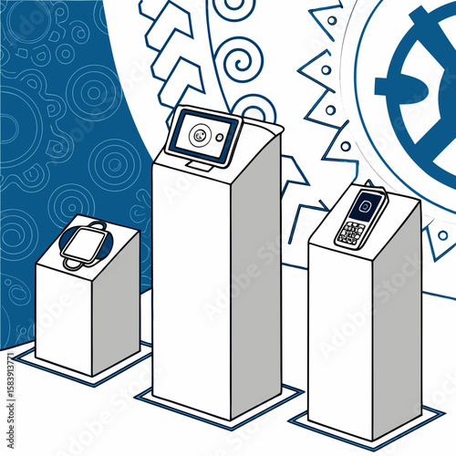 Tablets and smartphones are displayed on pedestals against a geometric background, representing modern digital communication and technology