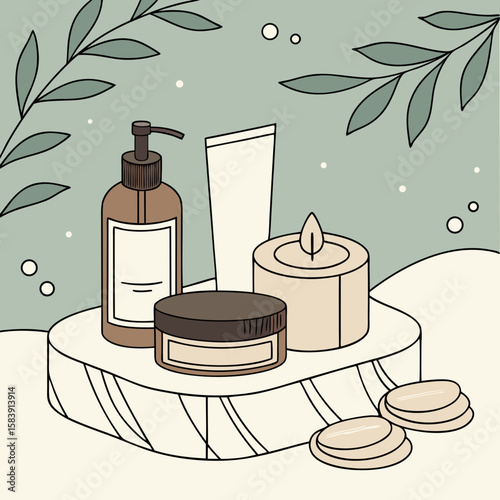 A collection of cosmetic products including a candle, soap, cream, bottle, and tube are arranged with plant leaves, creating a natural and organic spa illustration