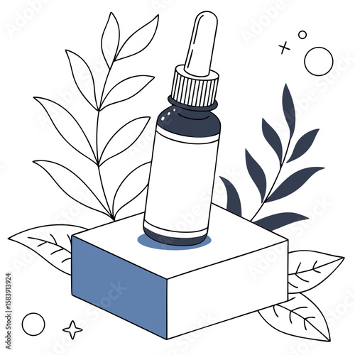 A serum bottle with a dropper is displayed on a cube with botanical leaves, creating a minimalist and natural beauty illustration