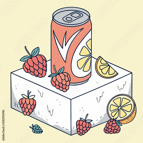A soda can with lemon and raspberry flavors is displayed on a cube, creating a refreshing and fruity beverage illustration
