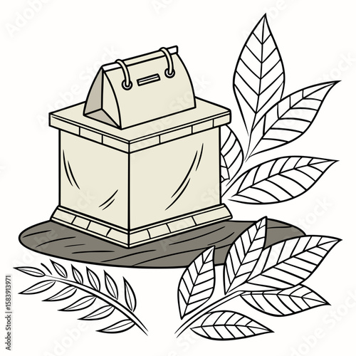 A decorative stone urn with leaves is isolated on white background, showcasing a vintage botanical design