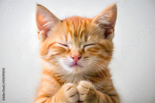 Adorable Ginger Kitten with Closed Eyes and Paws Together