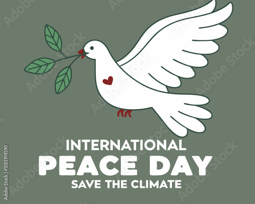 A white dove carrying an olive branch symbolizes international peace day and the urgent need to save the climate