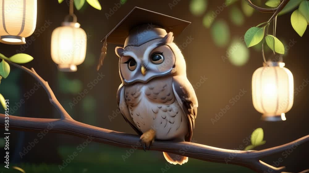 A cartoon owl wearing a graduation cap is perched on a tree branch. The scene is set at night, with a light shining on the owl. The owl is the main focus of the image, and it is a symbol of education